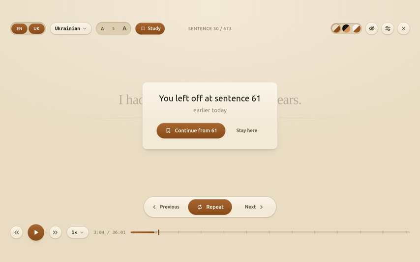 A card reading 'You left off at sentence 61, earlier today' with Continue and Stay here buttons.